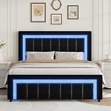 Queen Size Bed Frame with LED Lights and Velvet Upholstered Headboard, Bed Frame Queen Size with Modern Diamond Headboard Adjustable, Wooden Slats Support, Noise Free, No Box Spring Needed, Black