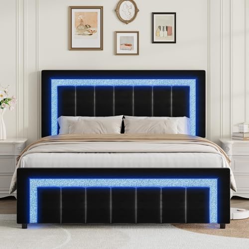 Queen Size Bed Frame with LED Lights and Velvet Upholstered Headboard, Bed Frame Queen Size with Modern Diamond Headboard Adjustable, Wooden Slats Support, Noise Free, No Box Spring Needed, Black