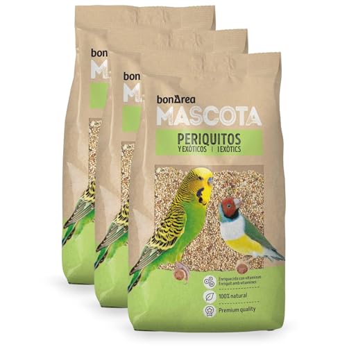 BonÀrea - Mixtura de Semillas - 3 x 1 KG - Periquitos y Exóticos Alimento 100% Natural - Enriquecido con Vitaminas - Alimentación Completa y Equilibrada - Fabricado en España