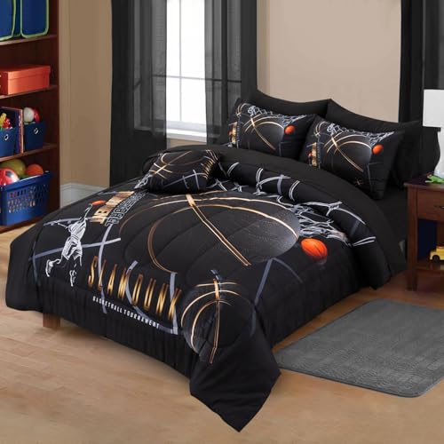 A Nice Night Basketball Court Printed Comforter Sets,with Sportsman Slam Dunk Printing 6Pcs Bedding Set in a Bag for Teen Boys,Full