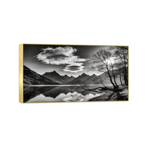 Tableau paysage lac montagne noir et blanc pour salon cosy
