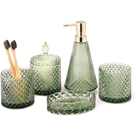 EMPO 5Pcs Diamond Glass Bathroom Accessories Complete Set, Triangle Vintage Lotion Dispenser, Soap Dish, Toothbrush Holder, Tumbler, Cotton Swab Jars, Modern Decor, Housewarming Gift Set (Oliva Green) Cover