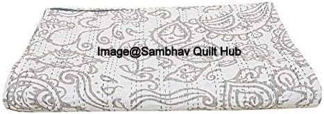 Grey Feb India Cotton Handblock Kantha Blanket Indian Handmade Quilts Cotton Hand Block Quilts Ethnic Reversible Comforter Stitched Blanket Decor (60X90 inch)