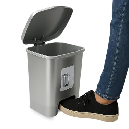 Cubo basura plástico, Cubo basura apertura pedal, Papelera de pedal, cubo de Pedal, Basura para baño, Libre de BPA, 25.5 cm alto x 24 cm ancho x 22 cm fondo, Capacidad 7.5 Litros, Plateado