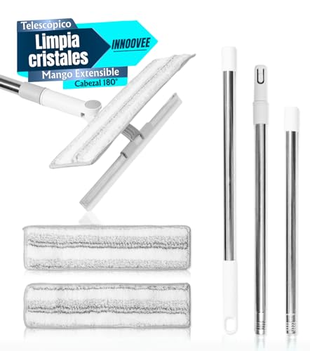 INNOOVEE Limpiacristales Telescópico 2 en 1, Mango Extensible 136 cm, Cabezal 180°, Goma de Silicona y Microfibra Reutilizable, para Ventanas, Azulejos, Espejos, Baño y Coche, Incluye Gancho