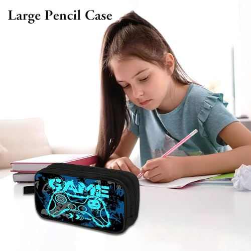Image of WOBAGMEN Double Layer Pencil Case with Handle Large Pencil Bag Cute Print Pencil Pouch for Boys Girls (Blue Game)