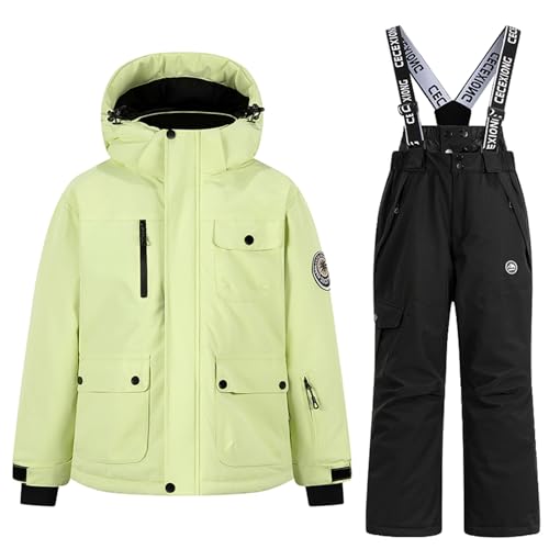 Traje de nieve acolchado de invierno y pantalones de nieve de 3 a 14 años, chaquetas impermeables gruesas con capucha desmontable, conjunto de traje de esquí para exteriores, snowboard, A1 Negro, 13