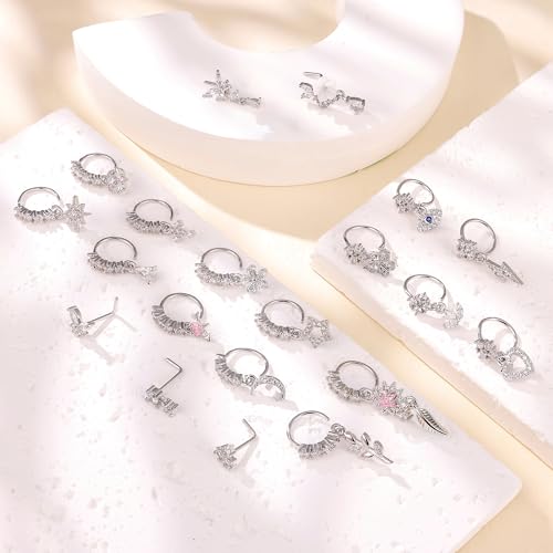 20Pcs 20G 316L Stainless Steel Dangle Nose Ring for Women Men L Shaped Dangling Nose Stud Cute Heart Moon Star Nose Hoop Set CZ Flower Leaf Butterfly Dangle Nose Piercing Jewelry2