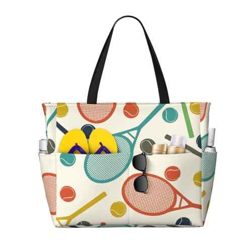 Racket And Tennis Ball Large Beach Bag Waterproof Sandproof Swim Tote Pool Bag For Women With Zipper