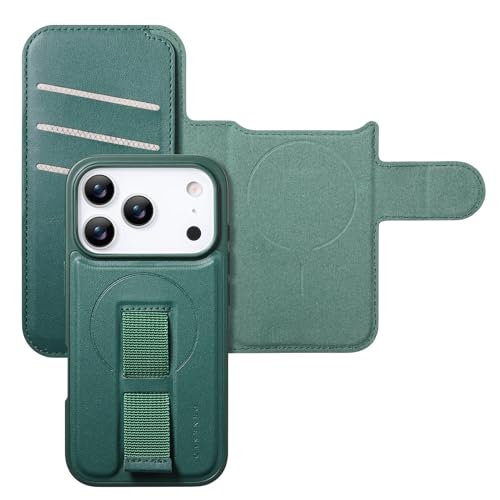 Étui portefeuille iPhone 17 Pro Max antichoc avec porte-cartes et dragonne élastique vert