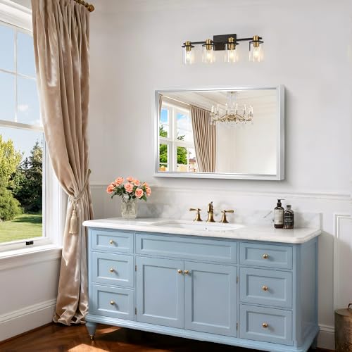 Image of Bathroom Mirror, 22 x 30 inch Brushed Silver Rectangular Mirror for Wall, 0.6 inch Thickened Deep Frame Mirrors for Bathroom Sink, Shatterproof Tempered Glass, Antirust, Horizontally or Vertically