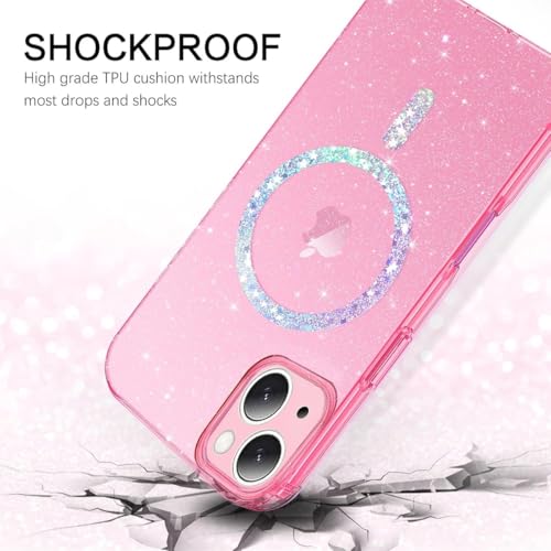 Image of mobistyle Magnetic for iPhone 13 Case, Clear Crystal Glitter 13 Phone Case Compatible with MagSafe, Shockproof Sparkly Cute Women Girl Cover for iPhone 13, Hot Pink Glitter
