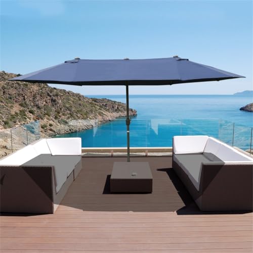 15FT Patio Umbrella with Base, Double Sided Umbrella with Crank, Large Outdoor Umbrellas with Air Vents and Sand Bag, Big Rectangular Patio Umbrella for Pool, Backyard, Garden, Deck (Dark Blue)