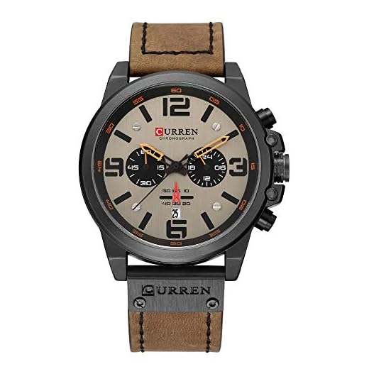 CURREN Reloj de cuarzo para hombre, cronómetro militar, resistente al agua, de cuero, con correa negra, gris y marrón, Cinturón negro, gris y marrón, Reloj de cuarzo, cronógrafo