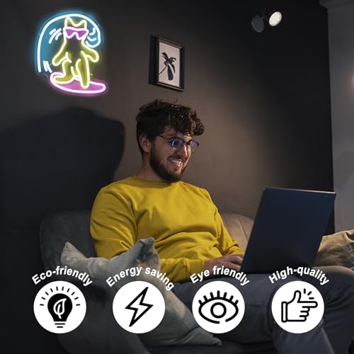Image of Cat Surfing Neon Sign Colorful Surfboard LED Neon Light for Room Bar Decor | Surfer LED Sign for Wall, Anime Neon Light Up Sign, Dimmable Neon Lights Signs, Bedroom Kids Room Man Cave Decor, USB Powered