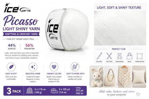 Image of Ice Yarn Picasso 3 Pack - Shiny Multicolor Crochet & Knitting Yarn, 44% Acrylic 56% Polyester, 1.76 oz 125 yds per Skein, Soft Craft Yarn for Knitting, Crochet & DIY (Ecru)