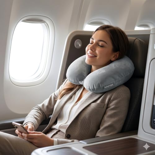 Image of Memory Foam Travel Neck Pillow with Breathable Washable Cover | U-Shaped Orthopedic Airplane Neck Support Cushion for Flight, Car, Train & Office | Soft Slow Rebound Foam | Grey