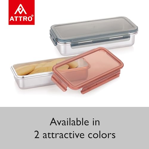 Image of Attro Steelox Rectangle Stainless Steel Container with Plastic Seal Lid BPA Free Food Grade Leak-Proof Ideal for School, Office & Outdoor Lunch Pack - 630ml Grey