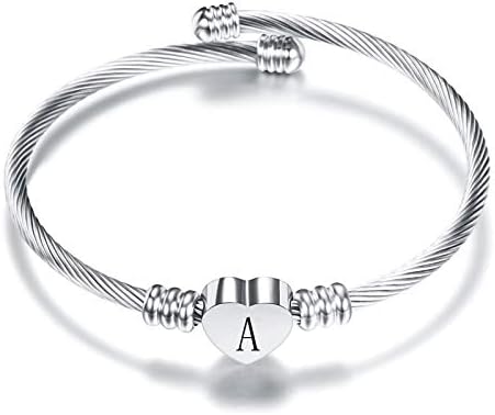 KunBead Jewelry Women Girls Initial Letter Cuff Bracelet Silver Alphabet Love Heart Bangle Bracelets Gift for Birthday Stainless Steel