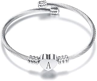 KunBead Jewelry Women Girls Initial Letter Cuff Bracelet Silver Alphabet Love Heart Bangle Bracelets Gift for Birthday Stainless Steel