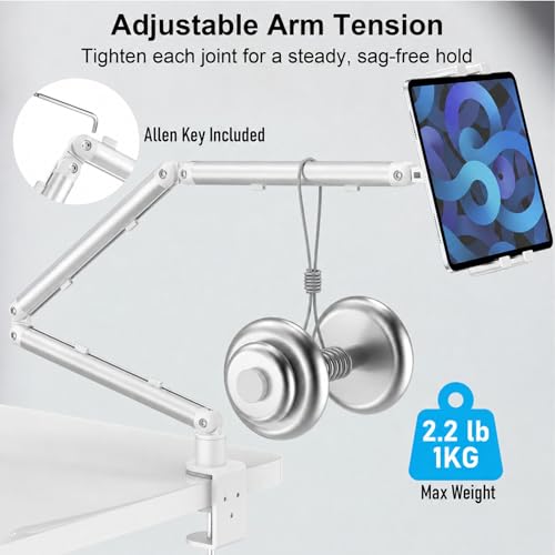 Image of Portable Monitor Stand 15.6 inch, Heavy Duty Tablet Arm Mount with Desk Clamp | Sag-Free Adjustable iPad Holder for Bed, 360 Foldable Arm Fits 4.7 inch to 18.5 inch iPad Pro /Air /Mini, Thick Case Friendly, White