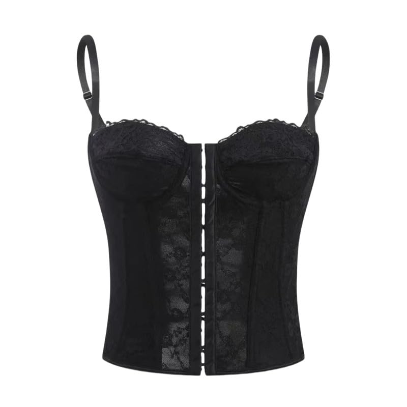 Haibang Corsetto da Donna Eleganta Pizzo Bustier con Spalline Sottili Fronte Aperto Disossato Corpetto Top Floreale Curvy Corsetto Bustino Sexy Canotta Regolabile Corset Bodyshaper Mode Clubwear