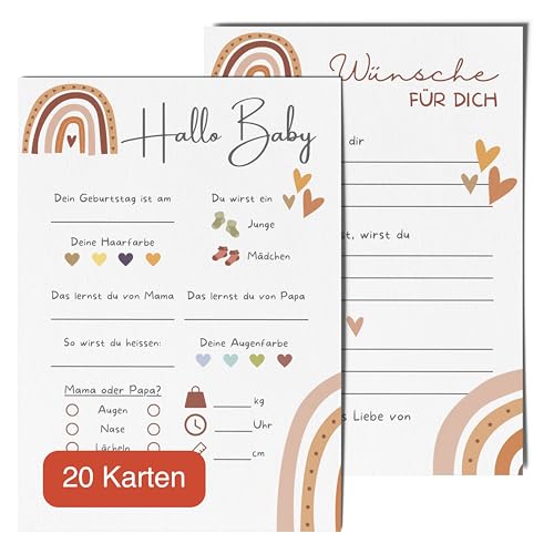 20 Ratespielkarten für Babypartys - Spiele für Gender-Reveal-Party und Babyshower, Tippkarten für Baby Mädchen und Jungen (Boho Regenbogen)