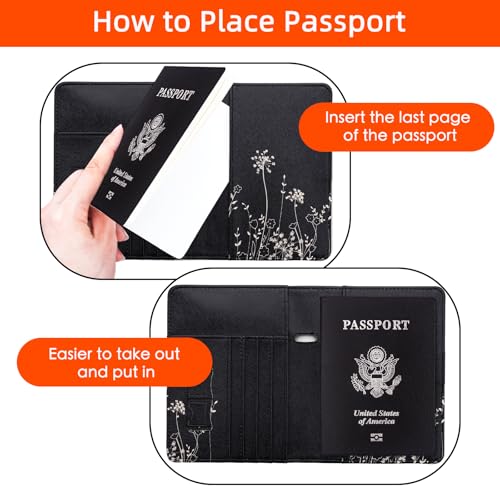 Image of WALNEW Passport Holder for Travel, RFID Passport Cover Wallet for Women Men, PU Leather Passport Book Card Holder Case with Pen (Elastic Band Closure, D-Black Flowers)