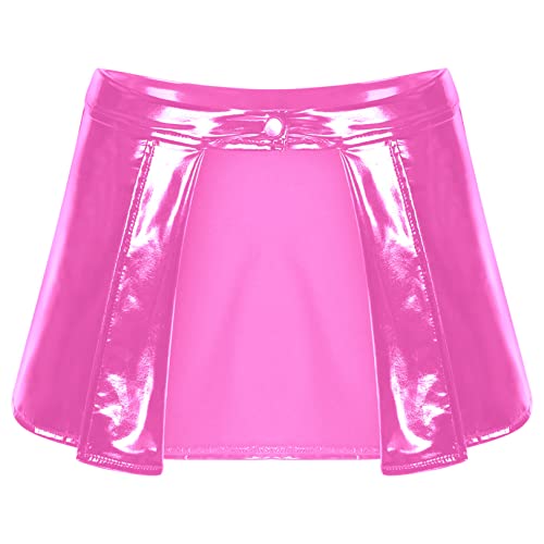renvena Damen Lack Leder Rock Sexy Minirock Faltenrock Vorne Offen Partyrock Wetlook Latex Outfit Gogo Tanz Club Kostüm Hot Pink 4XL Cover