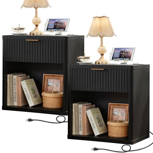LEYAOYAO Fluted Farmhouse Nightstand Set of 2 with Charging Station, 23" Wide 1 Drawers End Table,Black Dresser for Bedroom,Bed Side Table Chest of Drawers Cabinet,Wood Night Stand for Livin
