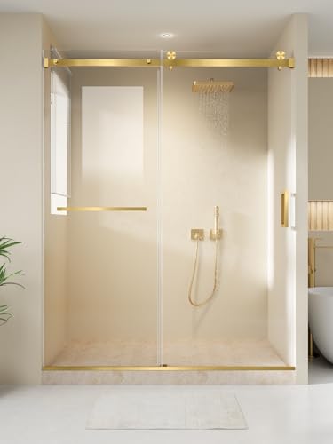 Morandi Frameless Shower Door 56-60 W x 76 H Sliding Shower Door for Walk-in Shower 1/4(6mm) SGCC Tempered Clear Glass with Anti-Explosion Nano Coating Stainless Steel Hardware Brushed Gold