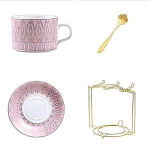 Tea Cup Set Coffee Tea Cup Sets Porcelain Tea Sets British Pink Cups with Saucer Cherry Spoon and Cups Rack (C 4 pcs) (B 6 pcs)
