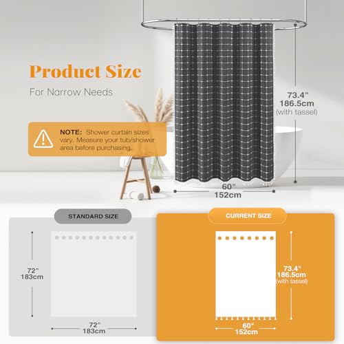 Image of BTTN 60 Inch Boho Farmhouse Linen Weighted Fabric Shower Curtain Set with 10 Plastic Hook, Narrow Bohemian Country Decorative Curtain for Bathroom - 60x72 - Charcoal Grey