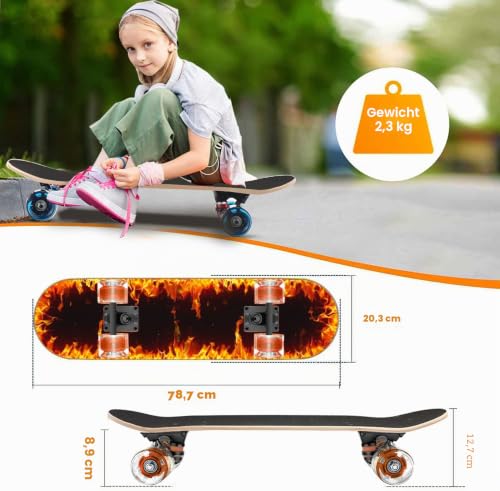 Feuer-Skateboards mit bunten blinkenden Rädern für Anfänger, Kinder, Jugendliche, Erwachsene, 80,9 x 20,3 cm, komplettes Standard-Skateboard, 9-lagiges kanadisches Ahorn-Deck, konkaves Skateboard…