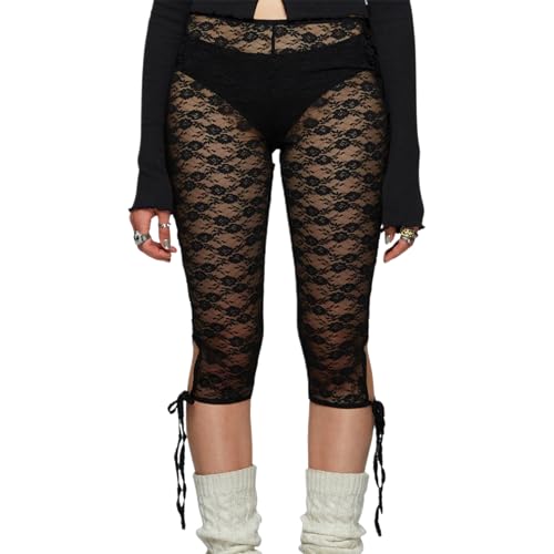 Women Lace Capri Leggings Sexy See Through Mesh Skinny Leggings Elastic Waist Sheer Mesh Cropped Trousers Clubwear