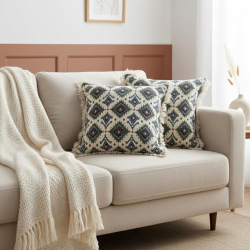 Image of Cotton Cushion Covers 16x16 Inch | Handwoven Printed White Decorative Square Cushion Case with Fringe | Sofa, Living Room, Bedroom, Diwan Home Decor Throw Cushion Cover