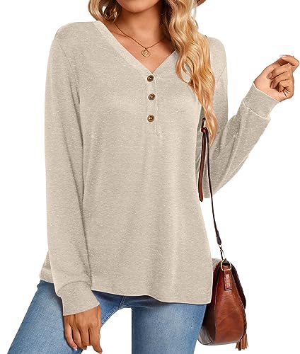 Aodemo Women's Fall Long Sleeve Tunic Tops V Neck Henley Shirts Loose Fit Blouses Winter Sweaters2