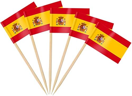 AhfuLife 100/200pcs Spain Toothpick Flags Cake Toppers for Olympic Decorations, Spanish Cocktail Stick Flag for Sandwich Food Cupcake Toppers Tableware World Cup Party Supplies Decor (100 Pcs)