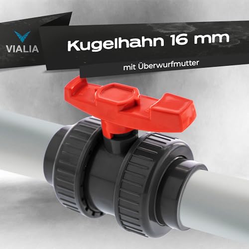VIALIA PVC Kugelhahn mit doppelter Überwurfmuffe, Absperrhahn beidseitig mit Klebemuffen, zur Verklebung und Verschraubung mit PVC-Rohren, für Pool- und Teichbau, Aquaristik – Bild 3