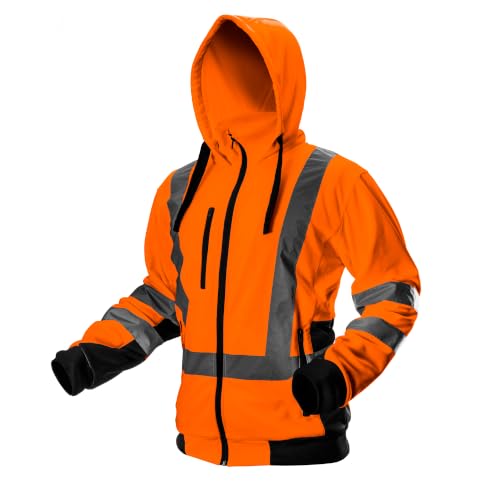NEO TOOLS Herren Sicherheitsjacke mit reflektierenden Streifen, Warnschutzjacke mit Kapuze, Stehkragen, Innenfutter Fleece, Pulli Berufsjacke Warnjacke Langarm, orange, Gr.L