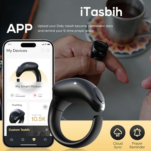 Smart Tasbih Zikr Rings, Interchangeable Tasbeeh Counter, Digital Tasbih Counter Rings 3 Size(18/20/22mm) & APP Support, Waterproof Azan Clock for Muslims, Prayer, Reminder, Home (Black)
