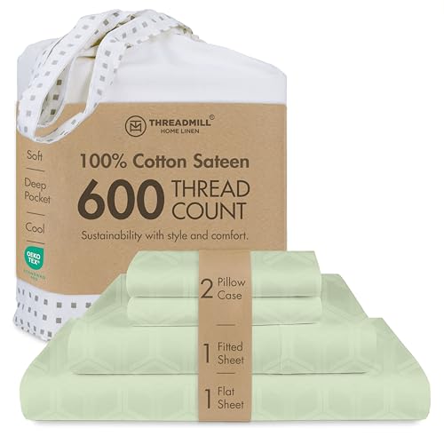 Image of Threadmill 100% Cotton Sheets for Full Size Bed - 600 Thread Count Full Bed Sheets Set with 16 inch Deep Pocket - Jacquard Sateen Weave 4-Piece Bedding Set with Cooling Effect, Sage Green