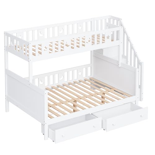 Idemon Cama infantil 90 x 200/140 x 200 cm, litera de madera maciza con escalera de seguridad, dos cajones grandes y somier de láminas (blanco), LDB0007 - imagen 6