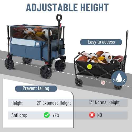 Image of Timber Ridge Foldable Wagon 350L Extendable Height, Large Capasity Collapsible Wagon Cart with All Terrians Detachable Wheels, Compact Folding Utility Wagon for Camping, Fishing, Shopping Navy
