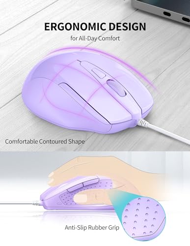 Image of TECKNET Wired Mouse, 6-Button Corded with 4 Adjustable DPI, Optical Ergonomic Design, 5FT Cord for Laptop, Chromebook, PC, Desktop, Mac, Notebook - LT.Purple
