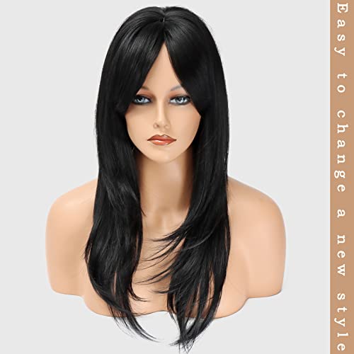 Gowit Black Wigs For Women Long Straight Wig With Bangs Shoulder Length Glueless Bangs Wig Natural Looking Heat Resistant Synthetic Hair Wigs For Daily Party Use #TOP2
