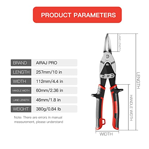 Airaj Pro 10 In Aviation Tin Snips Straight Cut,Industrial Cr-Mo Metal Snips With Double Lever, Heavy Duty Tin Snips For Cutting Sheet Metal, Chrome Vanadium Steel #TOP7