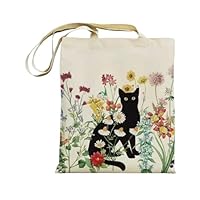 Black Cat Canvas Tote Bag Cute Cat Vintage Flower Tote Bag Aesthetic Reusable Shopping Grocery Bag Beach Bag Gifts for Women Teacher (Black Cat)