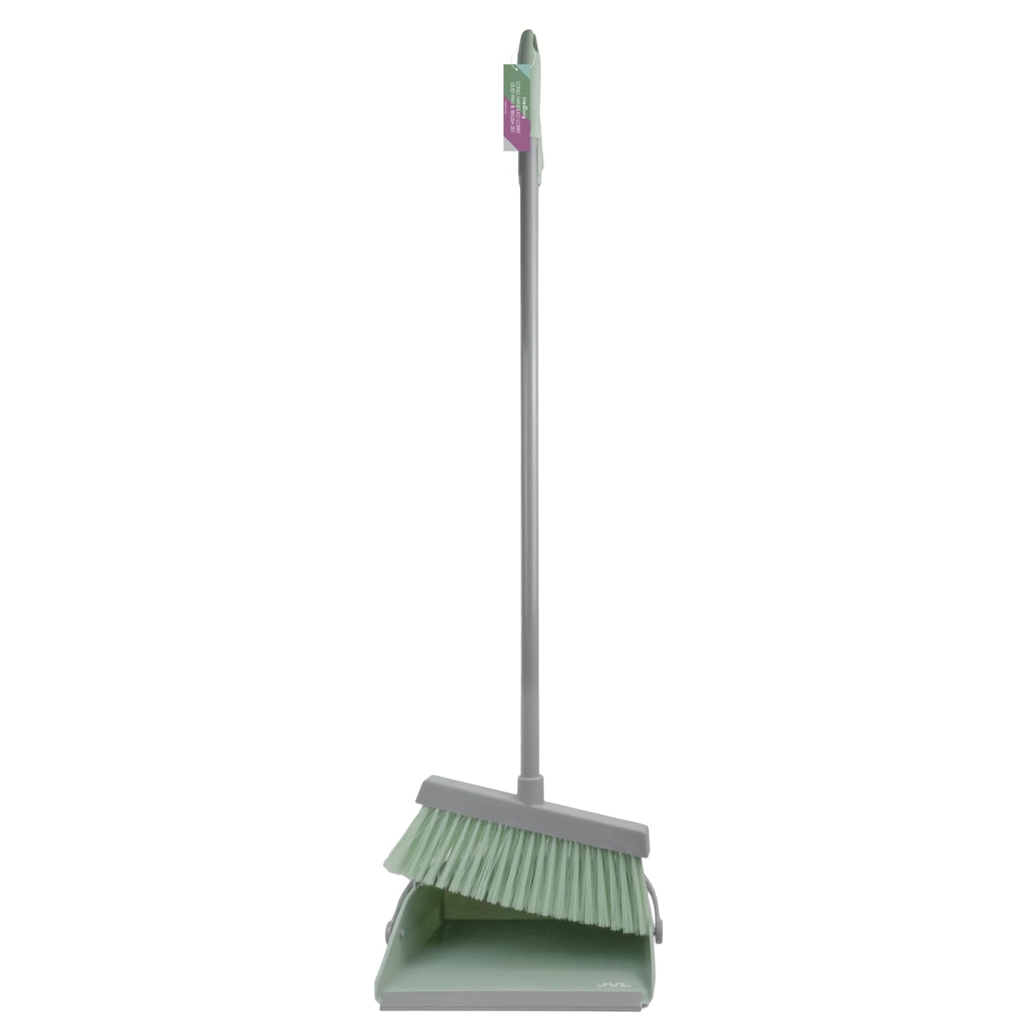 JVL Long Handle Lobby Dustpan and Brush Set – Commercial Lobby Broom and Dustpan Set, Long Handle Upright Floor Cleaner, Green