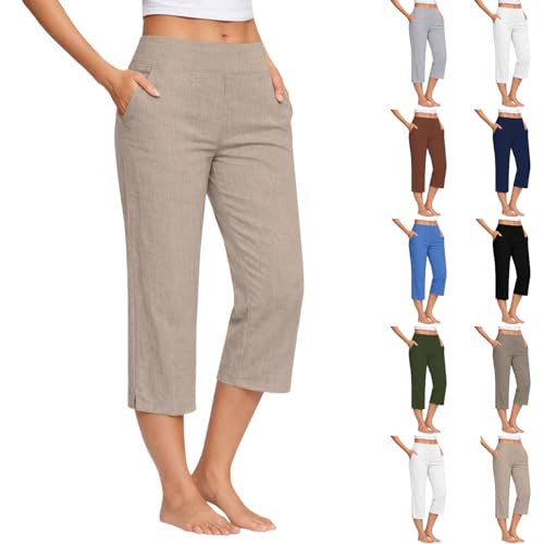 Linen Pants Women Petite Khaki Cotton Linen Capri Pants for